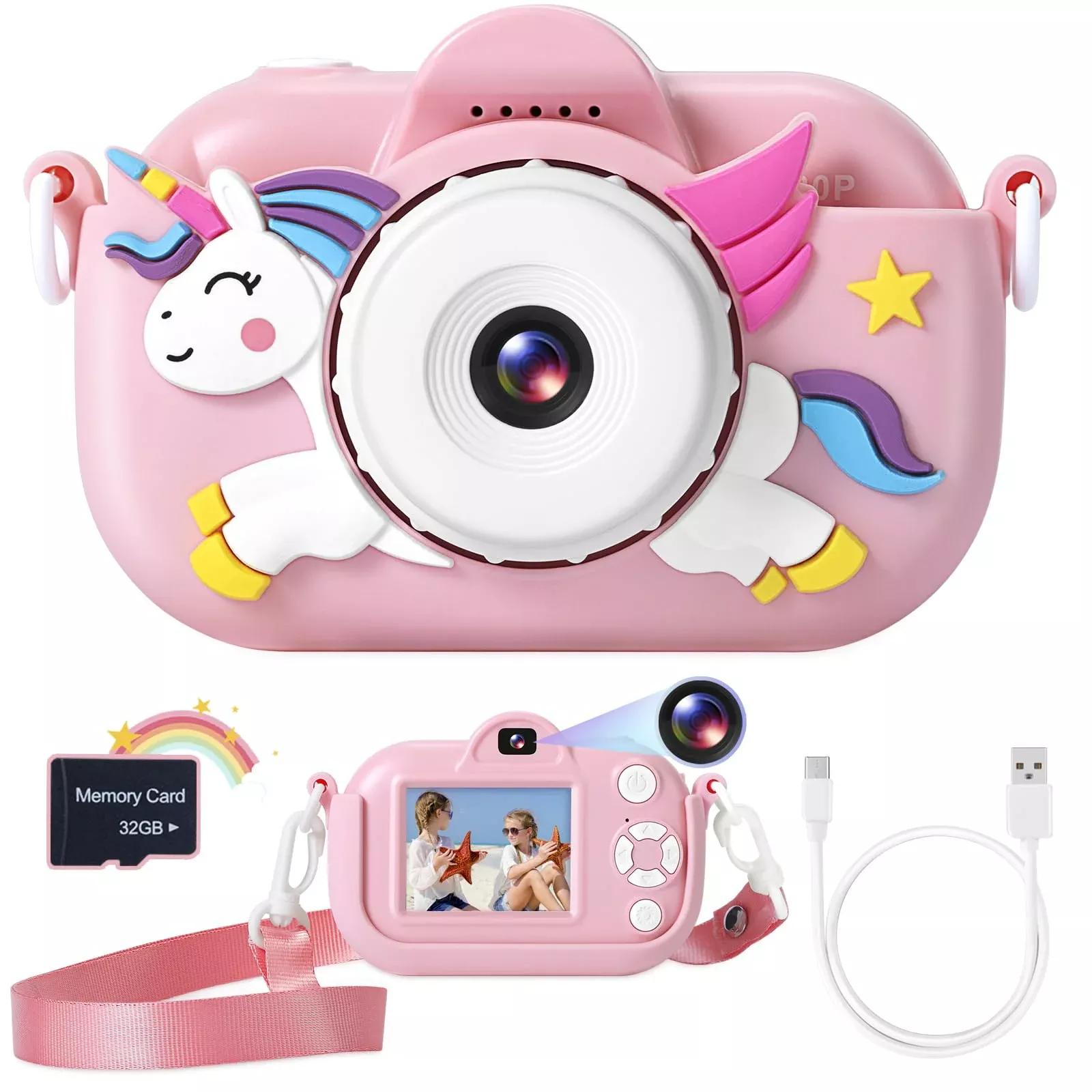 ZUODUN Kids Camera Pink 32MP Compact Rechargeable for Ages 3-8